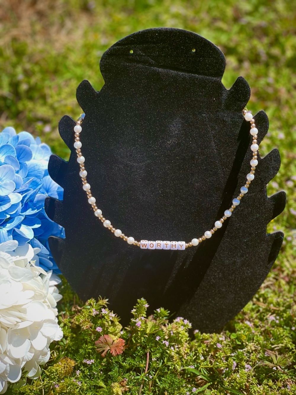 WORTHY Pearl Bead Necklace - Inspirational Gold & White Pendant